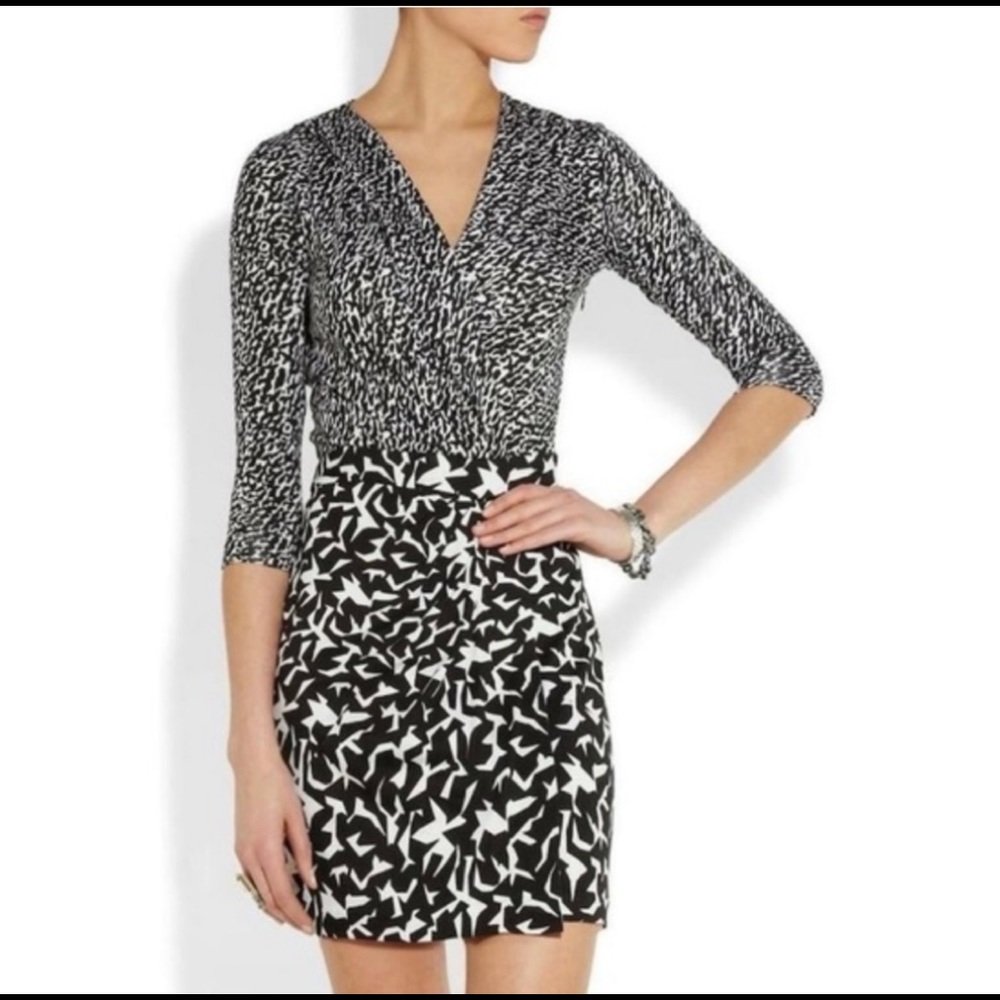 Diane Von Furstenberg Melodi Mixed Print Faux Wrap Mini Dress Size 14